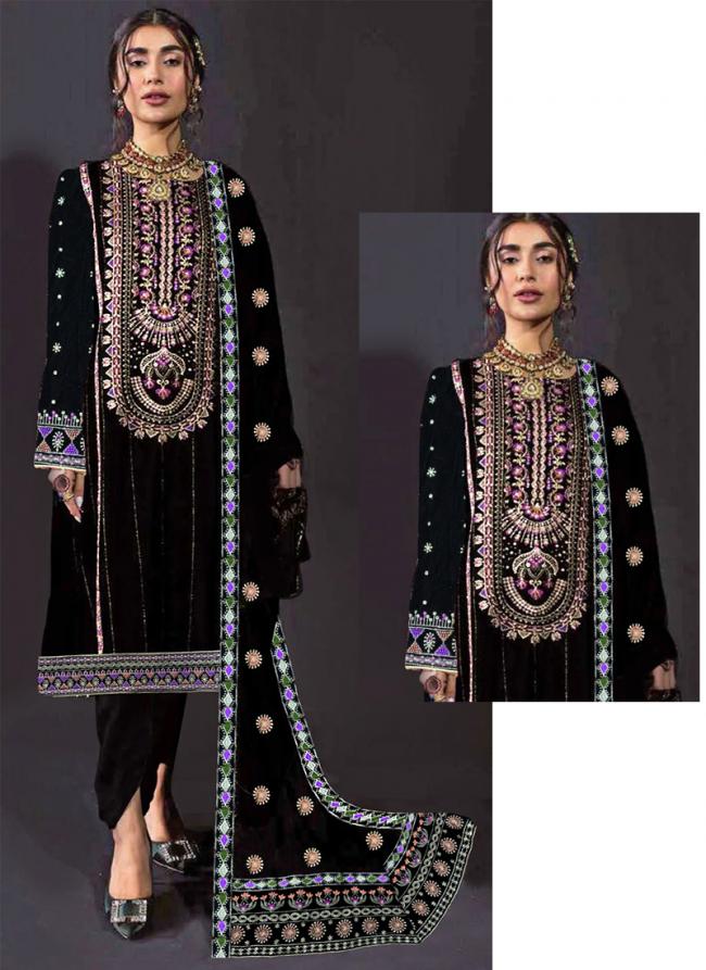 Velvet Black Eid Wear Embroidery Work Pakistani Suit